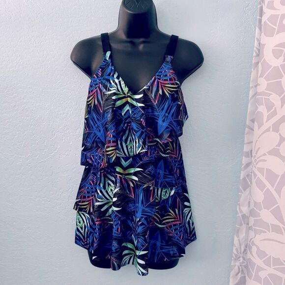 Tropical Leaf Print Ruffle Swimsuit - Picture 1 of 11
